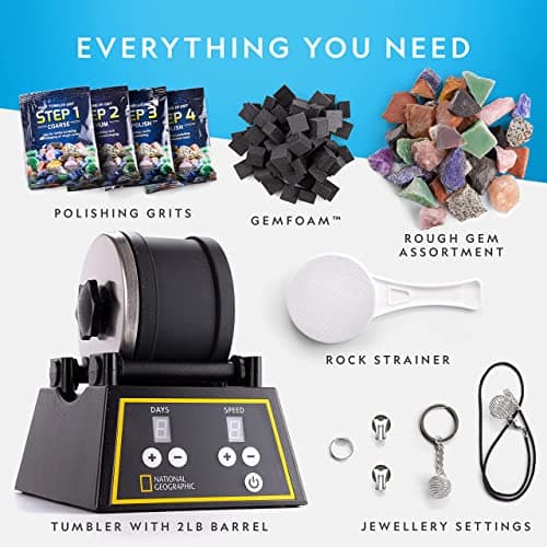 NATIONAL GEOGRAPHIC Kit de culbuteur de Roches – très Grande capacité de 1,36 kg, 1,36 kg de Pierres précieuses brutes, 4 Grains de Polissage, fermoirs à Bijoux, Un kit Scientifique et éducatif STEM