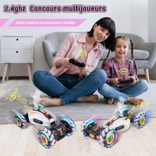 FORMIZON RC Stunt Auto Car, Voiture Télécommandée Tout Terrain avec Commande Manuelle 2.4GHz 4WD 360° Rotation RC Auto avec Spray, Musique et Lumière, Rotation Offroad Drift Cadeau Enfants(Gris)