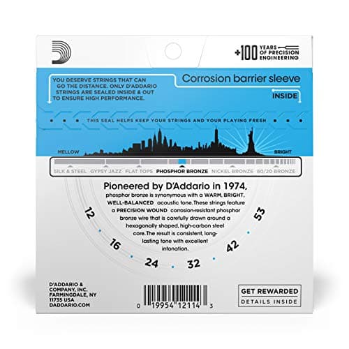 D'Addario Cordes Guitare Acoustique | Corde Guitare Folk | EJ16 | Cordes en bronze phosphoreux pour guitare acoustique | Léger 12-53