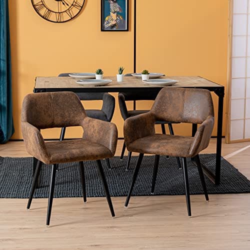 MEUBLE COSY Lot de 2 Chaises de Salle à Manger Fauteuil Rétro Vintage Assise rembourrée en en suédine Pieds en métal pour Cuisine Salon Chambre Bureau, Brune, Marron