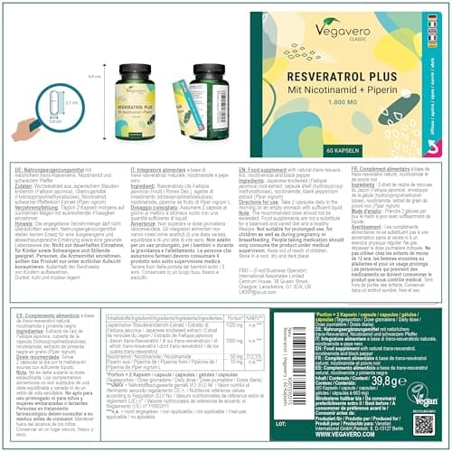 Trans Resveratrol 1000mg | UNIQUE : Le Seul Avec Nicotinamide & Pipérine | Anti Age + Antioxydant Puissant | Vegan & Sans Additifs | Vegavero®