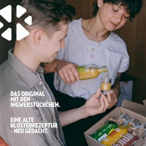Kloster Kitchen Lot de 6 shots de gingembre bio - 360 ml - Avec véritables morceaux de gingembre - Végétalien - En verre - Doux et épicé - Sans additifs et avec une douceur naturelle