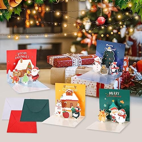3D Cartes de Noël, 4 Pièces Carte de Vœux Noel avec Enveloppes, 3D Pop Up Christmas Card, Cartes de Joyeux Noël Faite à la Main, Voeux de Vacances Cartes pour la Famille, les Amis et les Enfants