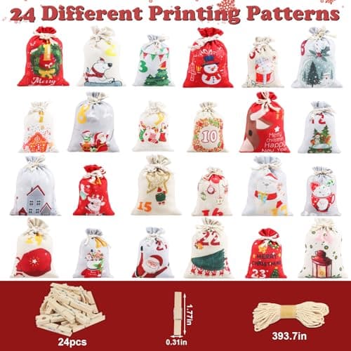 Calendrier de L'Avent a Remplir Soit Même 2024 Calendrier de L'avent a Faire Soi Meme Tissu 24 Sachets en Tissu Pochette Calendrier de L'avent à Remplir DIY Cadeau Decoration Noel (10x15cm/13x18cm)