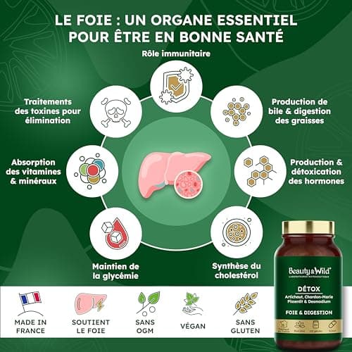 DÉTOX FOIE - Complément Alimentaire d’Artichaut, Chardon-Marie, Pissenlit - Confort Digestif, Protège le Foie, Draineur, Intestins et colon, perte de poids, minceur, 120 gélules - Beauty&Wild