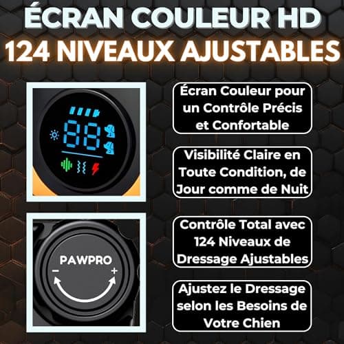 PAWPRO Collier de Dressage, Portée de 3km, Mode Lumière Nocturne, Guide de Dressage Inclus, 124 Niveaux d’Entraînement, BIP Vibration Choc, Adapté à Tous Les Chiens, Étanche Rechargeable, Marque FR