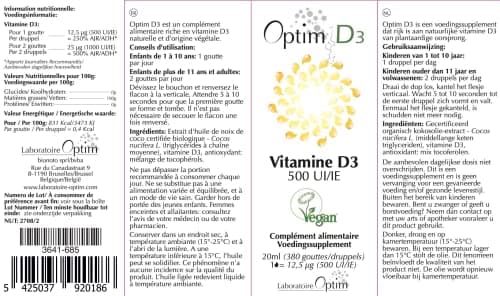 Vitamine D3 naturelle en gouttes supplément | vitamine D enfants - bébé – adultes – femme enceinte | 500 UI par goutte - Flacon 20ML | Vitamine D Végétale Vegan Lichen - huile de coco | Optim D3