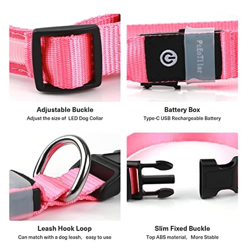 PcEoTllar Collier Lumineux Chien, Collier Chien LED Rechargeable et Etanche Clignotant, Collier Chien Fluorescent avec 7 Couleurs, Sécurité avec Réglable pour Petits Moyens Gros Chiens, Rose-M