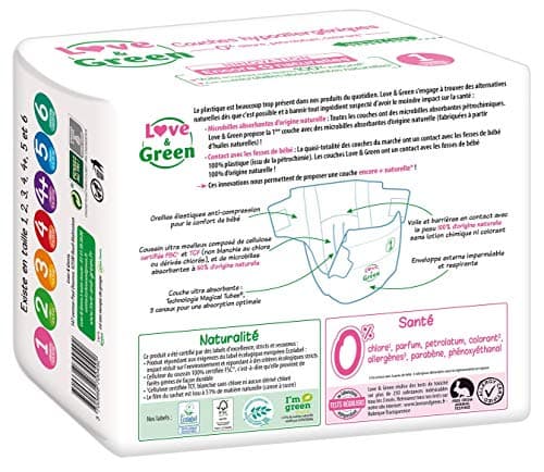 Love & Green - Couches Bébé Saines et Ecologiques - Taille 1 (2-5 Kg) - Pack 1 Mois (138 Couches) - Absorbante, anti-fuites et sans ingrédients indésirables