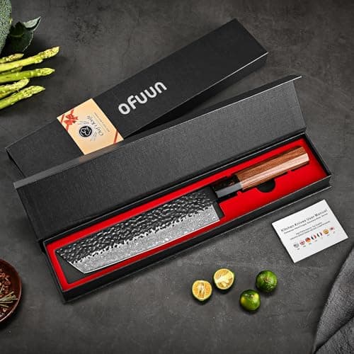 oFuun Couteau Japonais Damas, 18cm Couteau de Nakiri Professionnel, Couteau Cuisine en Acier à Haute Teneur en Carbone VG10, Manche en Bois de Rose et Coffret Cadeau