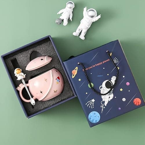 ZMHQLPDZ Mug humoristique pour femme, 450 ml, motif astronaute mignon avec couvercle et cuillère, tasse Kawaii fantaisie pour café, thé et lait, tasse cadeau (rose)
