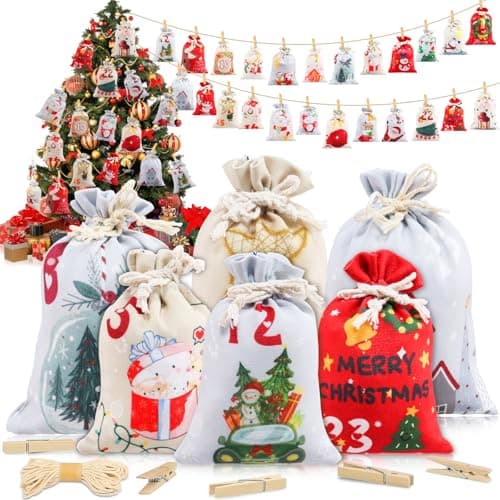 Calendrier de L'Avent a Remplir Soit Même 2024 Calendrier de L'avent a Faire Soi Meme Tissu 24 Sachets en Tissu Pochette Calendrier de L'avent à Remplir DIY Cadeau Decoration Noel (10x15cm/13x18cm)