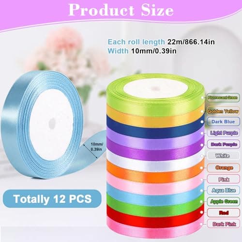 FIHODONE 12 Couleurs Ruban Satin 10mm X 22m,Jeux du Ruban Bouquet Mariée,Ruban Mariage Cérémonie de Mariage,Ruban Cadeau Anniversaire Fête,Ruban Tissu Jeu de Ruban Mariage