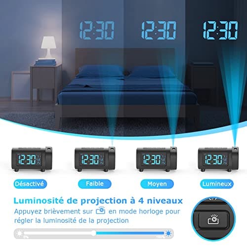 LIORQUE Radio Réveil à Projection, Horloges à Projection 180° Reveil Projecteur FM avec Alarme, Grand Affichage VA, 4 Niveaux de Luminosité de l'écran, Numérique USB, Fonction Snooze, 12/24H