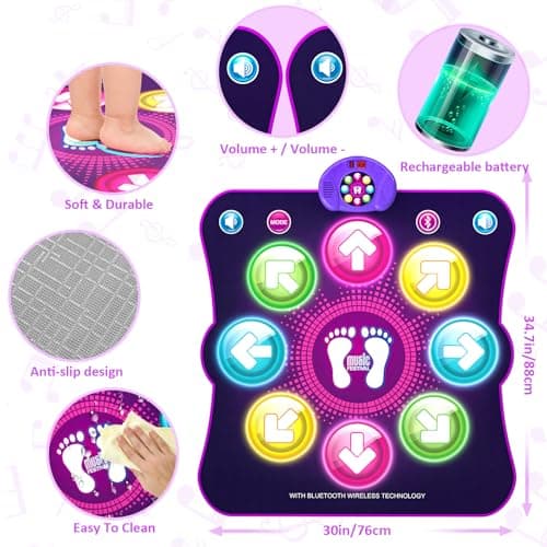 Tapis de Danse pour Enfants, 8 Flèches de Lumière LED Musique Pad de Danse Musical avec Bluetooth, 6 Modes de Jeu, Batterie, Jouet Cadeau d'anniversaire de Noël pour Garçons Filles de 3 à 12 Ans