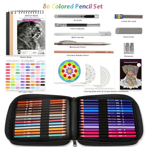 HIFORNY Ensemble de 80 crayons de couleur pour adultes - 72 couleurs de crayons de couleur avec des extras, des crayons à mine tendre pour artistes