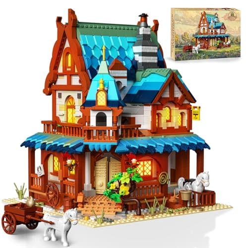 Joellfuner Médiéval Maison Construction Ensemble, Ensemble de Briques de Construction, Médiéval Lot de Blocs de Construction avec LED lumière pour Enfants Garçons Filles Agés 14+ (Hôtels Médiévaux)