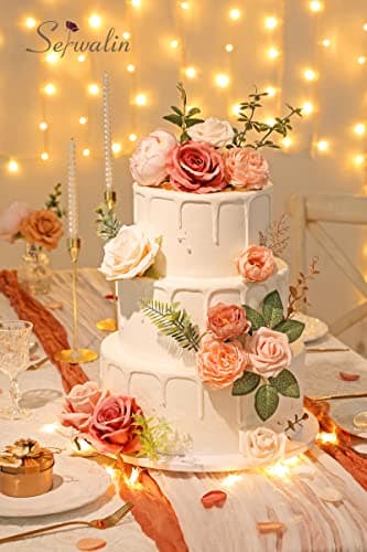 Serwalin Fleurs artificielles roses pour gâteau de mariage, fausses pivoines poudrées pour bouquets, centres de table, décoration d'intérieur, fête prénatale, fête prénatale, fleurs avec tiges