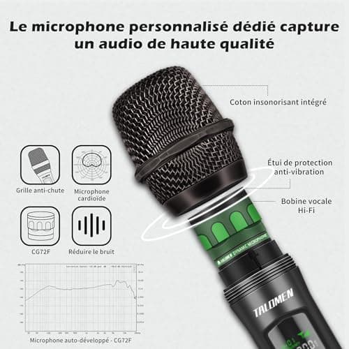 Talomen Microphone sans fil professionnel,système de dual microphone à 2.4 GHz Karaoké Dynamique Rechargeable avec Récepteur,160ft Ext,Idéal pour Karaoké,Chants,Fêtes,Soirées,DJ,Églises,Mariages,K60-2