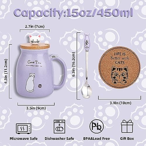 DONGSHANGIFT Set de 2 Tasse à thé et café en forme de chat en céramique avec couvercle Kawaii Mugs mignons pour femmes 500ml Noël Anniversaire cadeau (Bleu et rose)