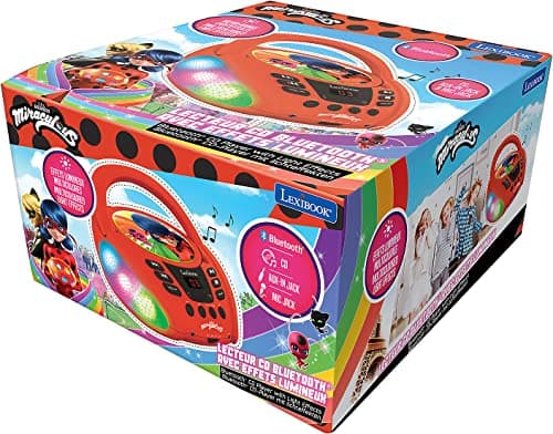Lexibook - Miraculous Ladybug Chat Noir - Lecteur CD Bluetooth pour Enfants - Portable, Effets Lumineux, Prise Micro, Entrée aux-in, Pile ou Secteur, Filles, Garçons, Rouge - RCD109MI