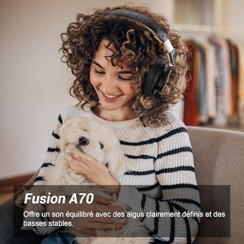 OneOdio Casque Bluetooth sans Fil BT5.2 avec 72 Heures, A70, Réduction de Bruit CVC 8.0, 3 Câbles, Léger Confortable, Pliable, Partage de Musique, Compatible Téléphone, DJ, Piano, Guitare (Noir Or)