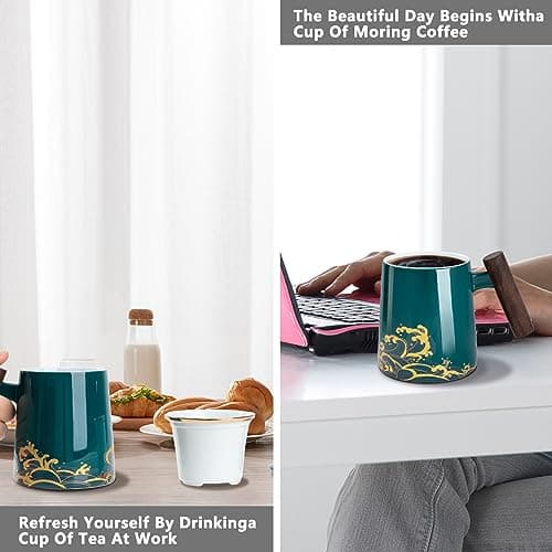 DISDADA Cup Tasse À Thé En Céramique Avec Infuseur et Couvercle Pour Infuser All-in-One Idéale Pour Café ou Feuilles de Thé, Pour la Maison ou le Bureau (Color : Vagues vertes foncées)