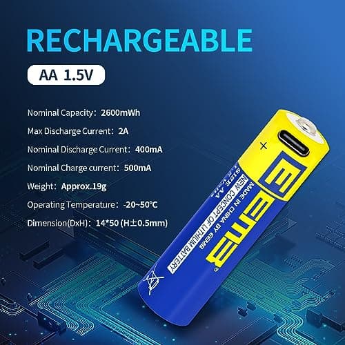EEMB Piles AA Pack de 8 Piles AA Rechargeables Piles au Lithium AA USB Type C de Recharge Batterie de Remplacement 1.5V 2600mWh Flash de Caméra Clignotant