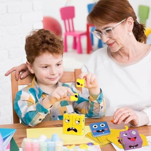 QHFlashbuy Jouet Montessori,Puzzle de Expression en Bois,Expressions en Bois Matching Block Puzzles,Cubes Face Change Cube Jeu,IQ Puzzle de Visage Jouet pour Enfant de Plus de 3 an