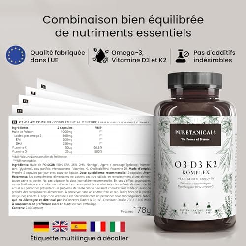 Oméga 3 + Vitamine D3 + K2 MK7 All-Trans - Premium Essentiels O3-D3-K2 Complexe à Haut Dosage - Huile de Poisson aux Acides Gras Essentiels EPA & DHA, Vit D3 K2 | Omega3 Gouttes | 240 Gélules