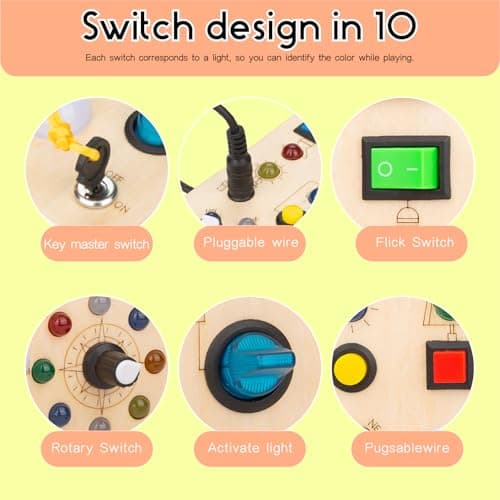 Yexati Busy Board Montessori 1 an, Planche d'Activité avec 10 Interrupteurs et 17 Lumières LED, Jouet Sensoriel pour Bébé et Enfants à partir de 1、2、3、4 Ans