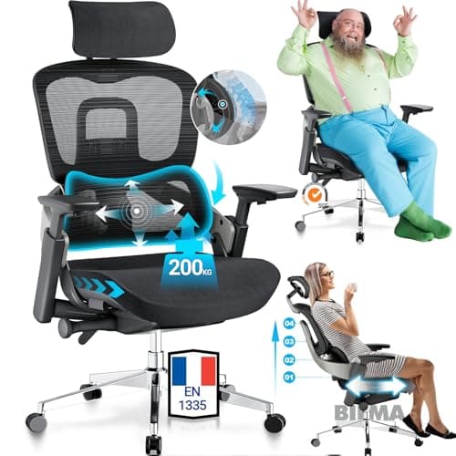 MELOKEA Fauteuil Bureau Ergonomique 200Kg Confortable, Chaise Bureau avec Soutien Lombaire Dynamique, Accoudoirs 4D, Réglable en Hauteur, Profondeur D'assise Ajustable, en 1335, Siege Bureau