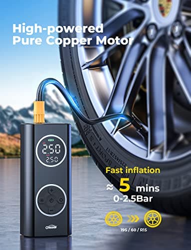 Oasser Gonfleur pneus Voiture 6000mAh 150PSI Type-C Charge Compresseur Voiture Batterie Rechargeable Allume-Cigare 12V avec Affichage Couleur Lumière LED Sac de Rangement Batterie Rechargeable
