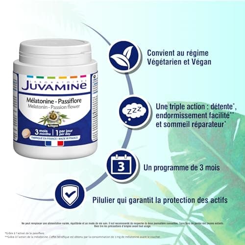 JUVAMINE - Mélatonine Passiflore - Sommeil 3 Actions : Détente, Endormissement Facilité et Sommeil Réparateur - 90 Comprimés - Format 3 Mois - Fabriqué en France