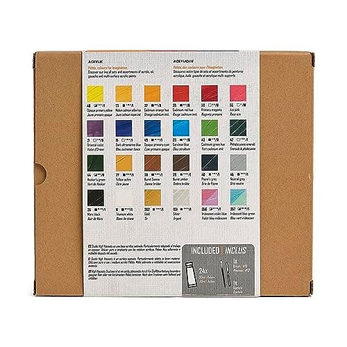 Pébéo - Studio Acrylics - Set 24 Tubes 20 Ml Couleurs Assorties + Accessoires - Kit de Peinture Acrylique pour Artiste et Débutant - Pinceaux + Spatule + Carton Toilé - Couleurs Lumineuses