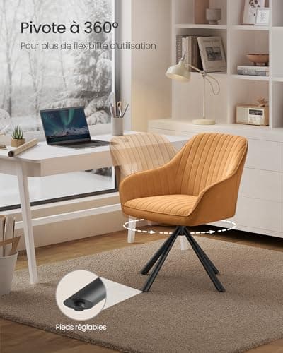 SONGMICS Chaise Salle à Manger, Fauteuil Pivotant, Velours, Rembourrée avec Accoudoirs, Charge 120 Kg, Pieds Acier, pour Salle à Manger, Cuisine, Marron Caramel et Noir d'encre KDC161K01
