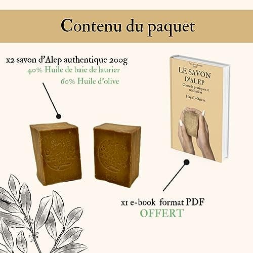 Savon d'Alep Traditionnel - 60% Huile d'olive - 40% Huile de Baies de Laurier - (2 x 200grs) - Fait à la main, Hydratant & Naturel, Idéal pour Toutes les Peaux