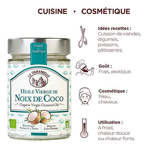 La Tourangelle, Huile Vierge de Noix de Coco 100% Bio de première pression à froid. Idéale en cuisine (donne un doux parfum exotique à vos recettes) et - 314ml (L'emballage peut varier)