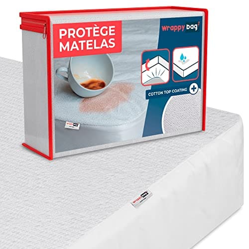 WRAPPYBAG Protège Matelas Imperméable 140 x 200 cm – Alèse en Coton Certifiée Oeko-TEX Bonnet 30cm – Housse de Lit Hypoallergénique (Acarien/Poussière/Transpiration) avec Attache Élastique