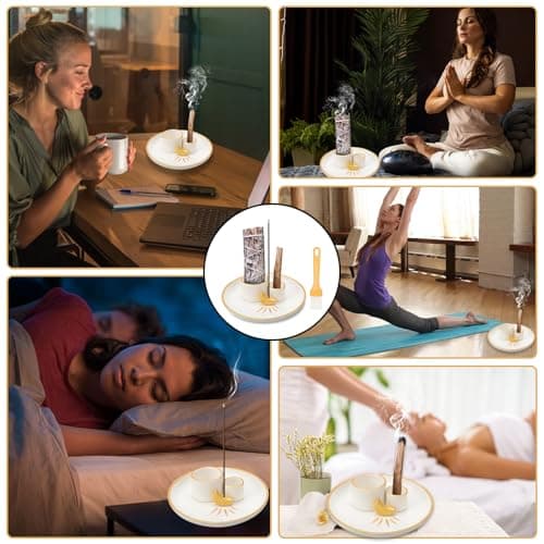 4 en 1 Porte Encens, Porte-Encens en Céramique Lisse Support Palo Santo Méditation Brûleur D'encens pour Bâtons Plateau Collecteur Cendres en Céramique pour Yoga, méditation, Room Décor