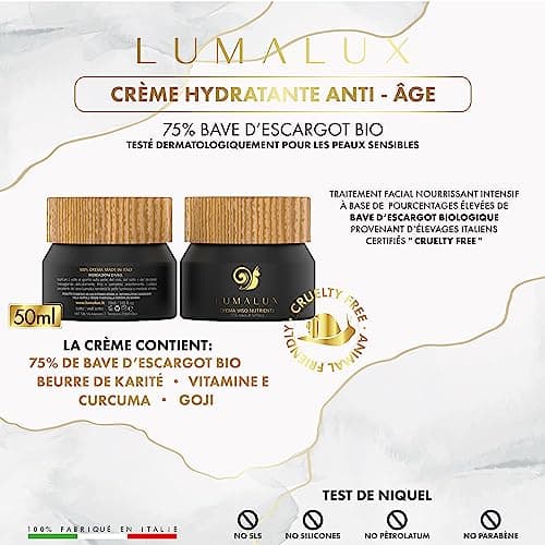 Lumalux COMBOPACK soins pour le visage - serum acide hyaluronique 98% de bave d’escargot 50ml et crème bave d'escargot BIO à 75% 50ml - Acide Hyaluronique, Aloe Vera, Vitamine E