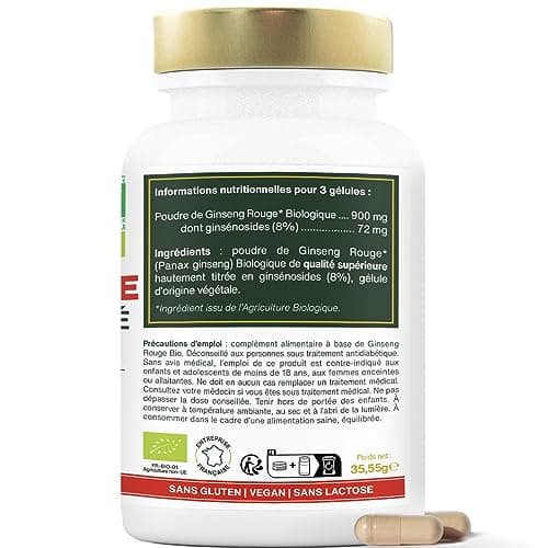 Panax Ginseng Rouge BIO de Corée | Extra Fort 900mg / jour | Énergie, Vigueur, Anti-stress, Concentration | 90 gélules de 300mg | Qualité Supérieure