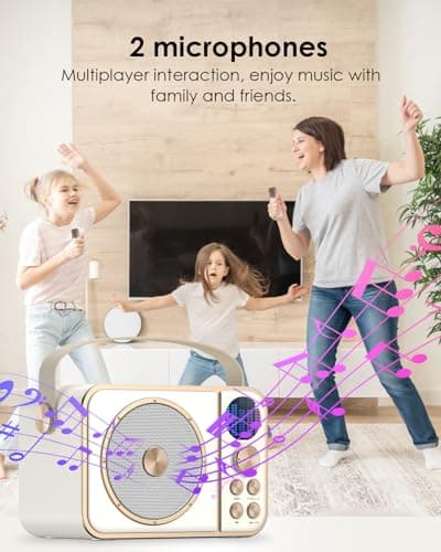 Machine de Karaoké avec 2 Micro sans Fil, Haut-Parleur Bluetooth Portable, Dispose 7 Effets Sonores, pour Fête et Voyage-Blanc