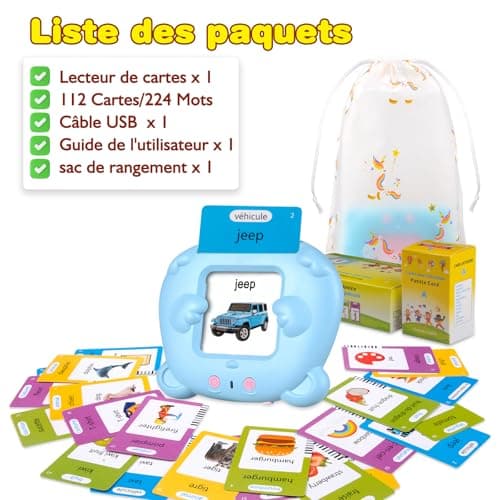 Sunity Cartes Flash parlantes pour Enfants, Mot ami Jeux français de 2 à 6 Ans avec de la Musique, Jeux educatif 2 Ans, Jouets préscolaires pour écouter et Apprendre Bleu(Français/Anglais/Bilingue)