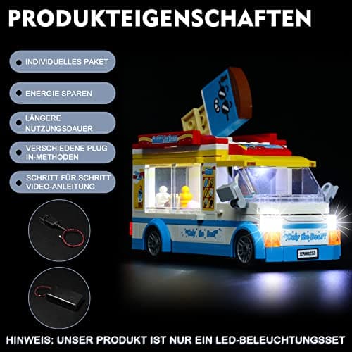 BrickBling Ensemble d'éclairage LED pour Lego Ice Cream Car, Ensemble d'éclairage décoratif pour Lego 60253 City Great Vehicles Ice Cream Car Creative Toy (Pas de modèle Lego)