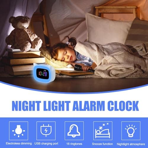 Réveil numérique pour enfants - Réveil avec lumière - Réveil pour enfants - Réveil avec fonction snooze avec veilleuse - 18 sonneries - Double alarme - Modes snooze - 12/24 heures
