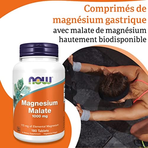 Now Foods, Malate de Magnésium, 1,000 mg, 180 Comprimés végétaliens, Testé en Laboratoire, Sans Gluten, Sans Soja, Végétarien