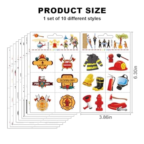 YOYEAH Lot de 10 feuilles d'autocollants pompiers – Tatouage de pompier pour enfants pour décoration, voiture, ordinateur portable et plus encore – Autocollant pompier pour voiture, autocollants pour