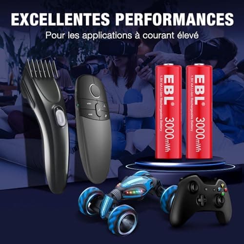EBL 8PCS AA Piles Rechargeables au Li-ION, 1.5V 3000mWh Piles AA Piles Rechargeables Tension Constante et Fortes