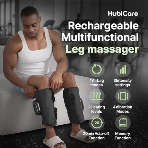 HubiCare Masseur de jambes et de mollets, masseur de compression avec 4 modes, 3 intensités, chaleur, vibration, rechargeable, taille réglable, adapté à la relaxation des jambes (paire)